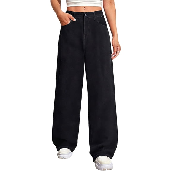 Cargo Jeans for Women Fashionable Pull On Stretchy Solid Color High Waist Straight Leg Jeans with Pockets