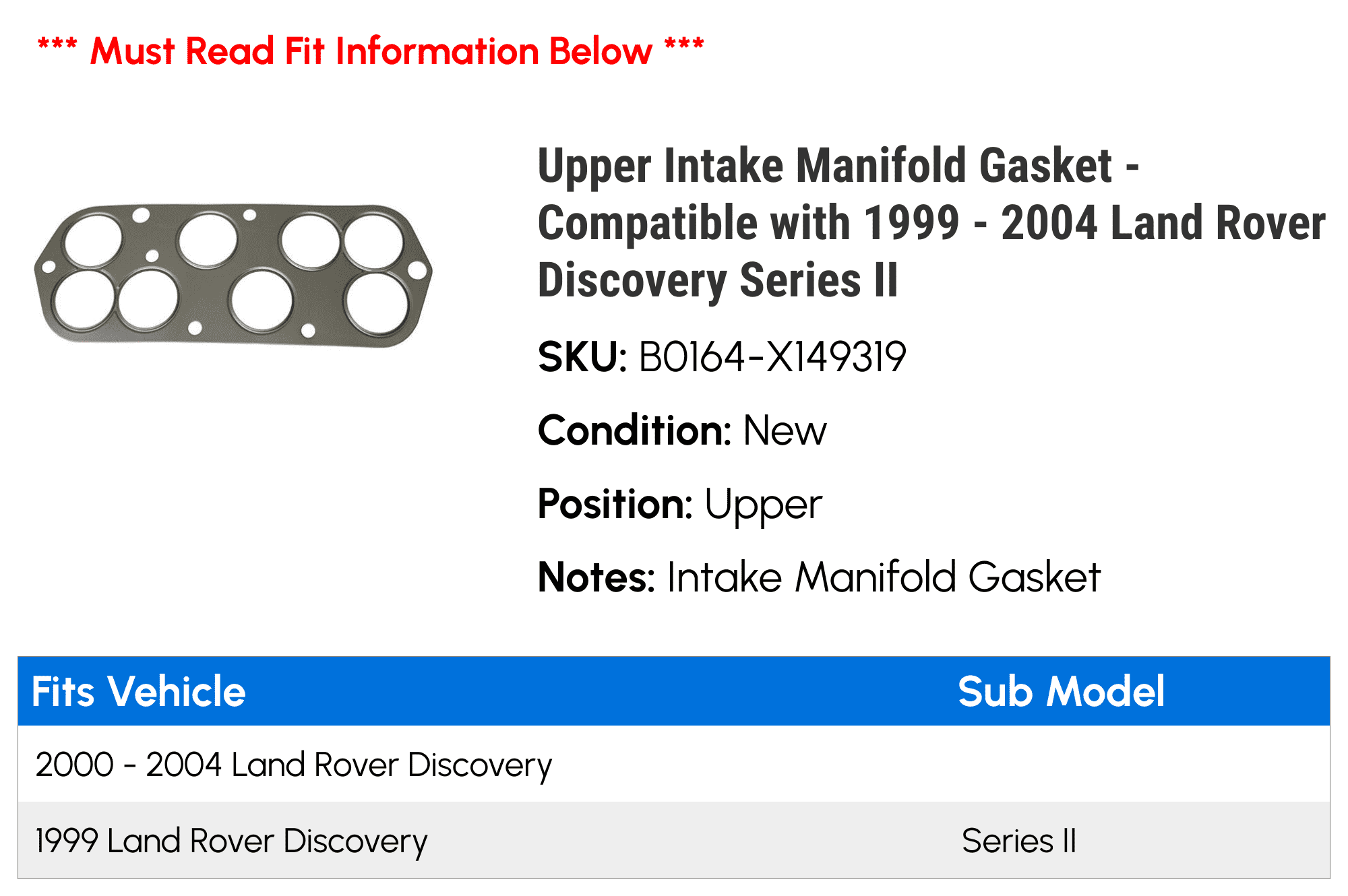 Upper Intake Manifold Gasket - Compatible with 1999 - 2004 Land Rover Discovery Series II 2000 2001 2002 2003