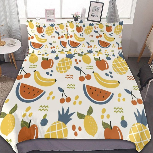 HAHDAXIA Fruit Pattern Bedding Solid Comforter Set for All Seasons,3 Pieces(1 Comforter+2 Pillowcases),Soft Microfiber Bedding Set Full(79"x90")