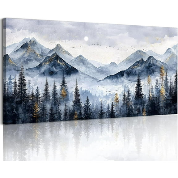 Aaheei Mountain Landscape Wall Art, Misty Forest Canvas Prints, Blue Gold Watercolor Pine Tree Paintings Wall Decor Living Room Bedroom, Natural Scenery Office Decor Pictures 20x24