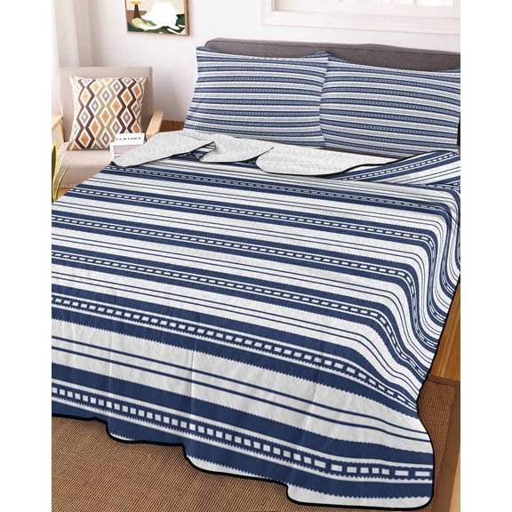 Navy Blue Striped Twin Size Down Alternative Comforter, Lightweight Comforter Quilt Bedding Set with Pillow Shams Farmhouse Striped Geometric Art All Seasons Bed Comforter Duvet Insert 68"x86"