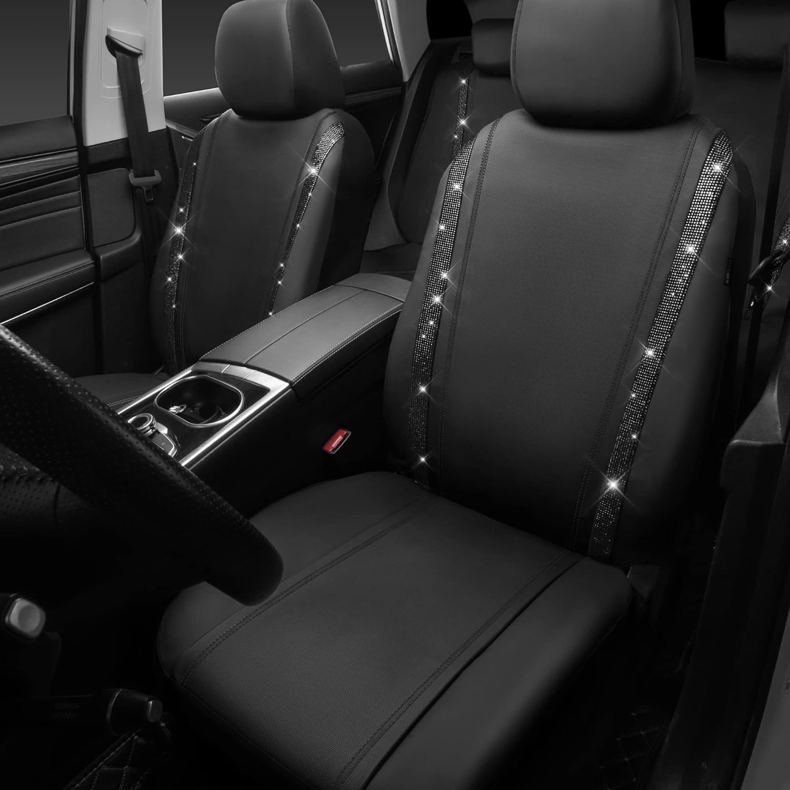 Car-Grand Bling Diamond Rhinestone Leather car seat covers full set waterproof universal shinning glitter crytal sparkle fit automotivve truck SUV Cute girl femal Black