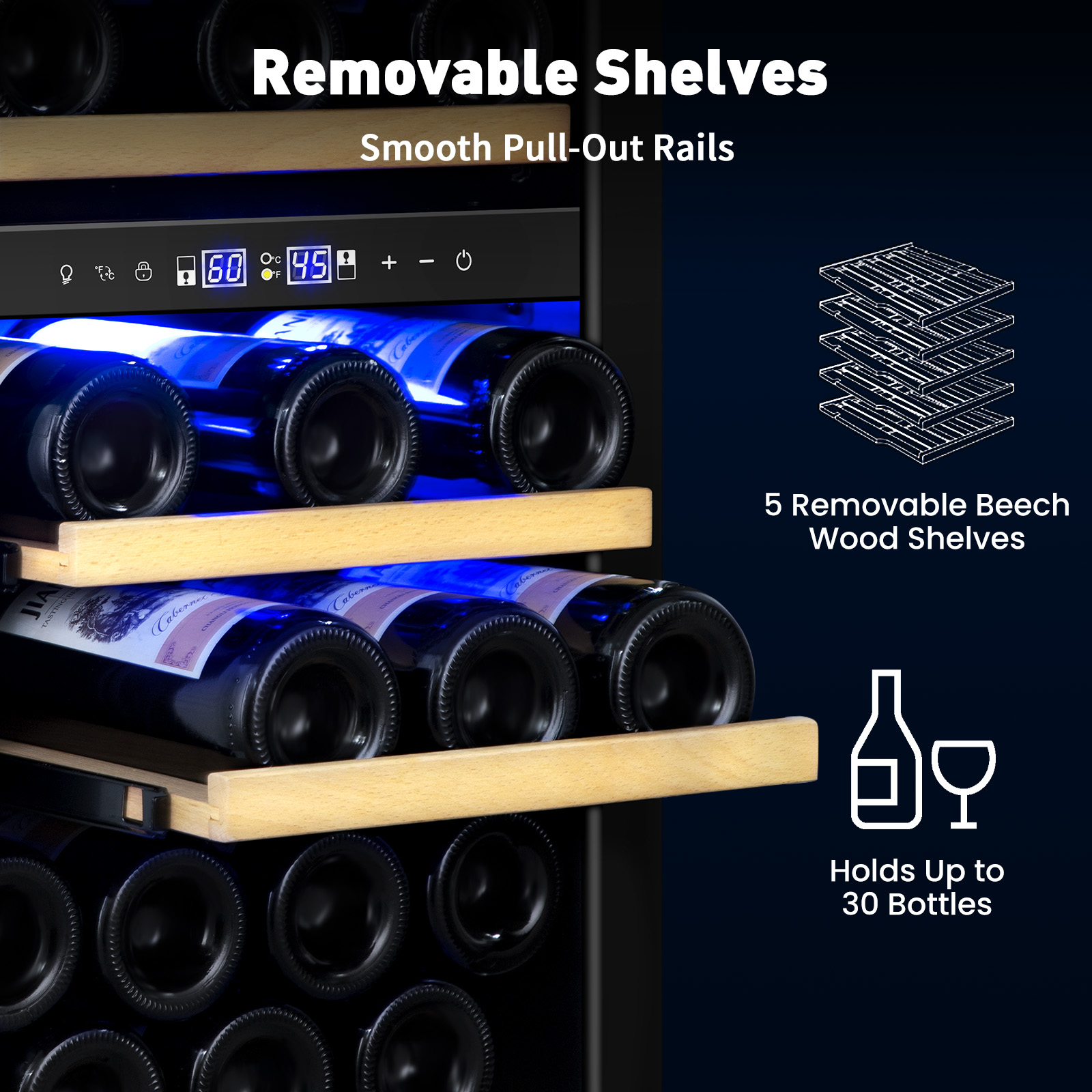 TITTLA 15 Inch Wine Cooler Refrigerator,30 Bottle,Daul Zone,Low Noise Wine Fridge ,Built-in or Freestanding,Black