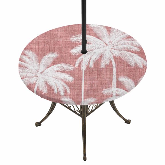 Round Outdoor Tablecloth with Umbrella Hole and Zipper, Pink Palm Trees Tablecloth with Elastic Waterproof, Farmhouse Tropical Summer Beach Patio Table Covers for 45" - 54" Picnic Pool Tables
