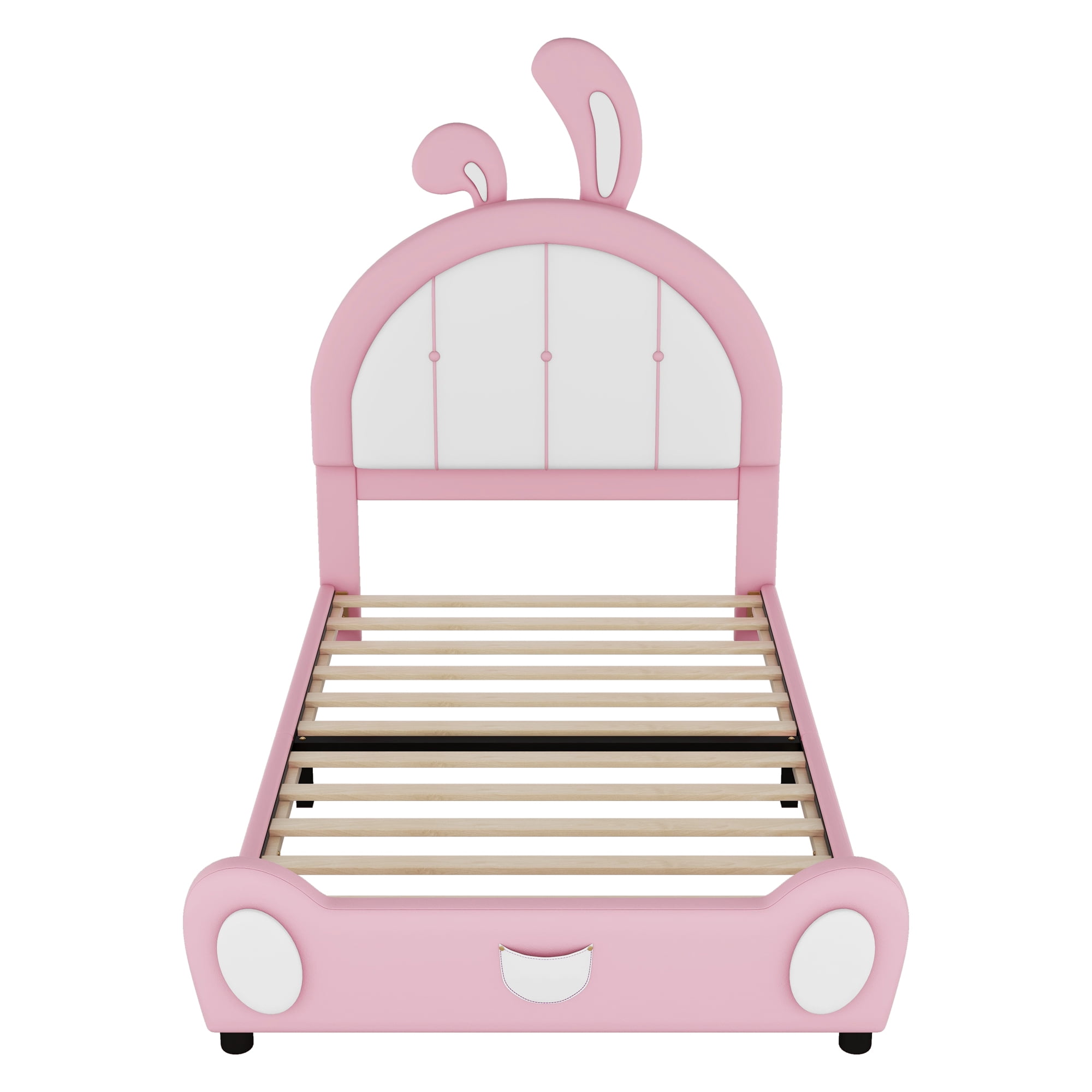 EUROCO Upholstered Twin Platform Bed, Cartoon Bunny Bed for Toddler Kids Teens, No Box Spring Needed, Pink
