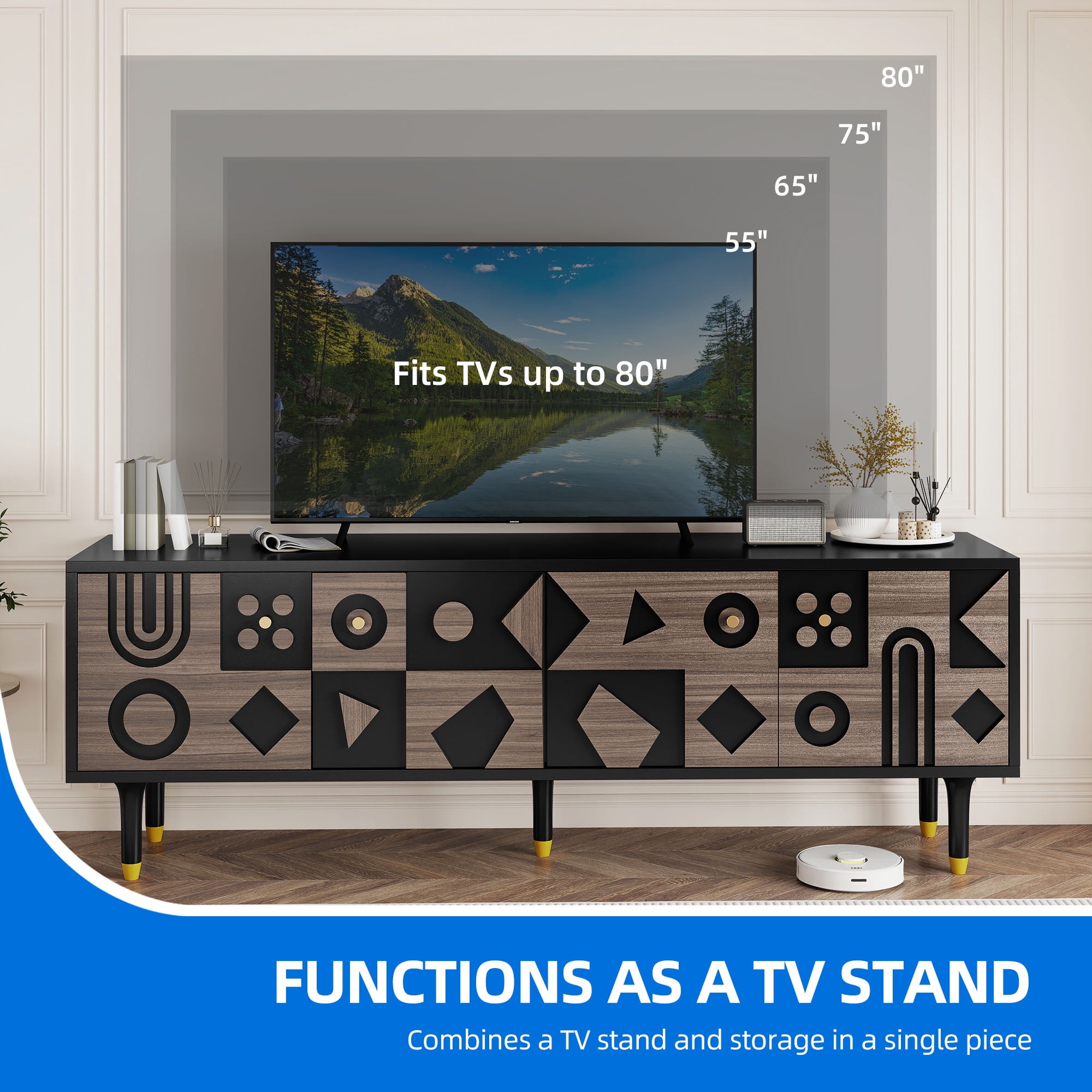 Uforic 70" Mid-Century TV Stand for TVs Up to 80", Entertainment Center with Textured Doors & Storage, Black & Walnut