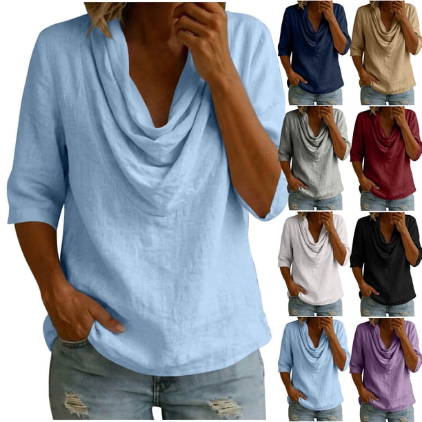 Neewe Women's 3/4 Sleeve Shirts Classic Solid Color Clow Neck Casual Work Tops Blouses Daily Outfits