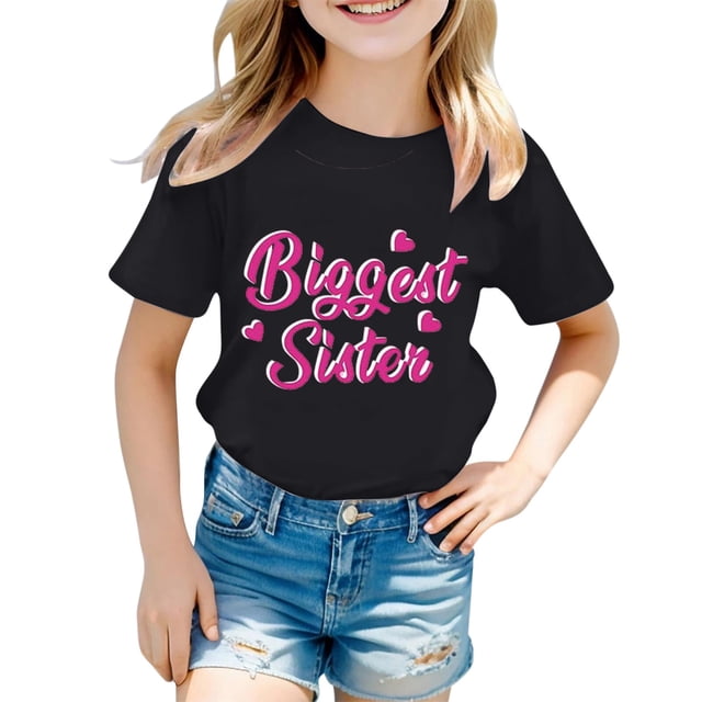Zhuashum T-Shirts Fille Manches Courtes Col Rond Hauts Imprimés Lettres Blouse Basique Printemps Noir 1-2 Ans