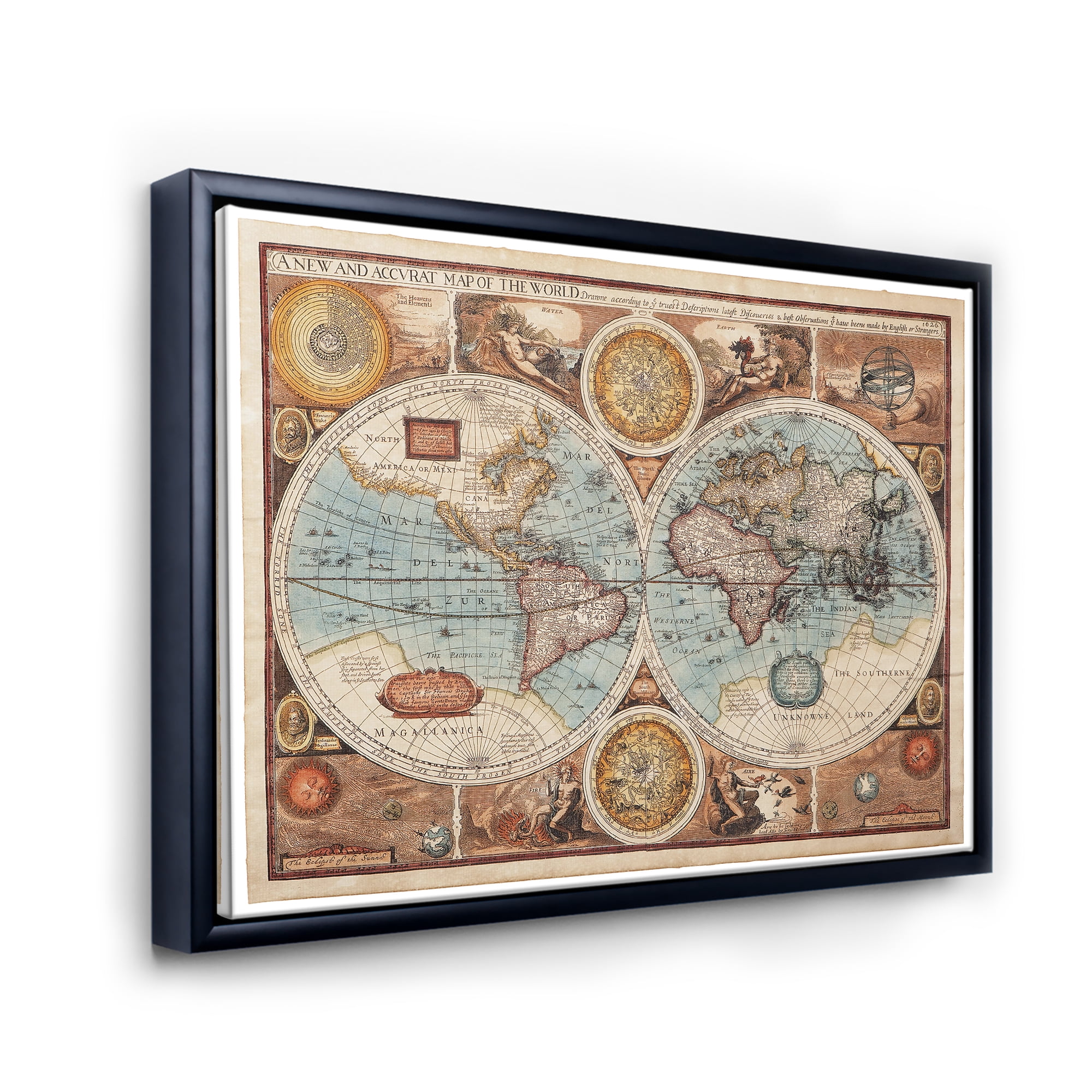 Designart 'Vintage Map of The World VIII' Vintage Framed Canvas Wall Art Print