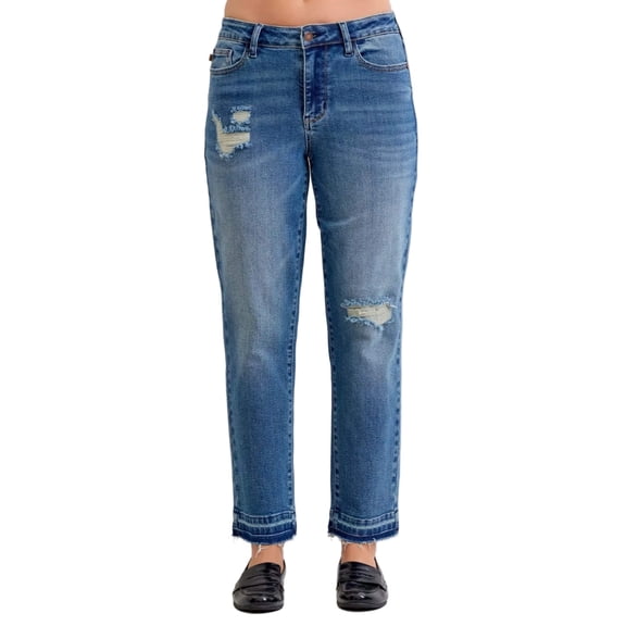 Judy Blue Full Size Mid Rise Bf Patch Repair Destroy Release Hem Jeans Plus Size