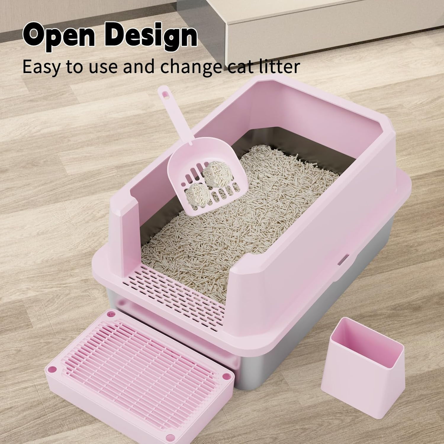 Large Cat Litter Box: Pink Semi-Closed Stainless Steel Litter Box with High Edges - Odorless Litter Pan Anti Leakage for Small to Large Cats for Bedroom Living Room