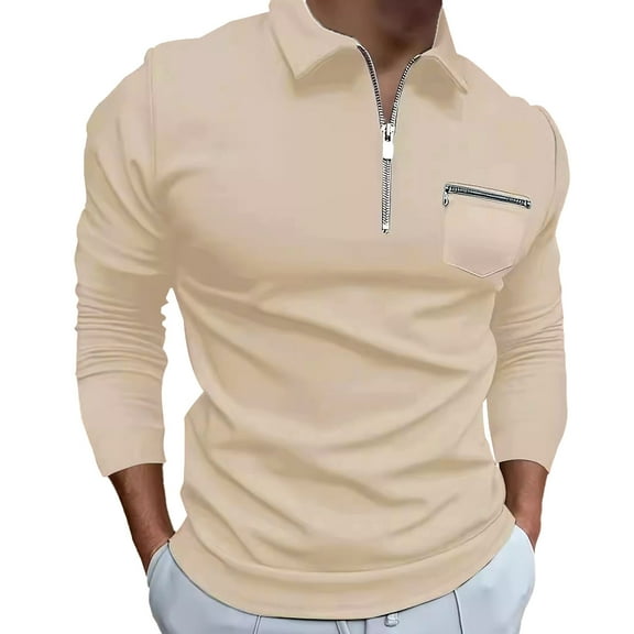 VSSSJ Men's Quarter Zip Polo Shirts Regular Fit Long Sleeve Pullover Shirts Lightweight Turndown Collar Casual Fashion Solid Golf Shirts Beige XL