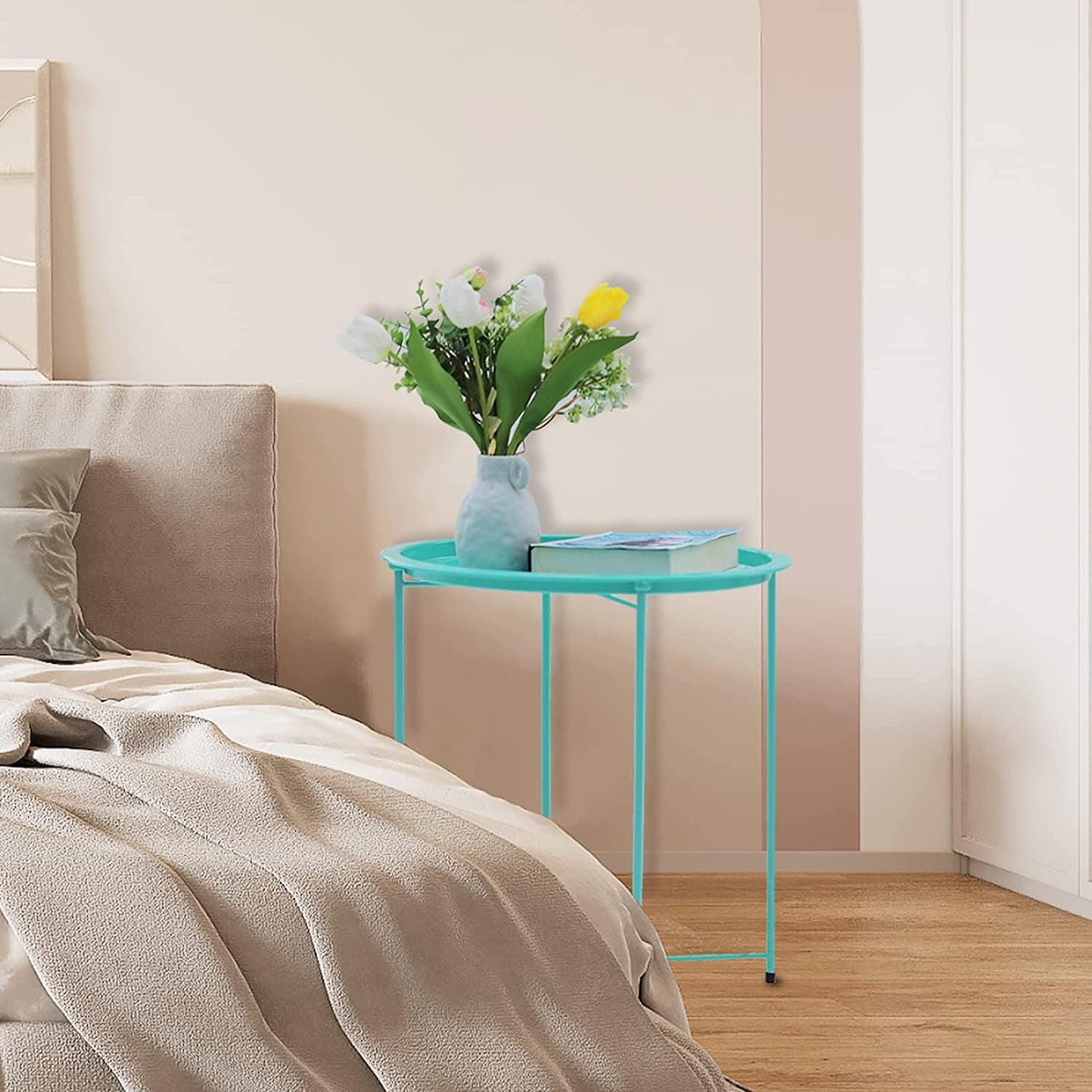 Folding Tray Metal Side Table 2PC Green Round End Table Cyan Sofa Small Accent Fold-able Table, Round End Table Tray, Next to Sofa Table, Snack Table for Living Room and Bed Room