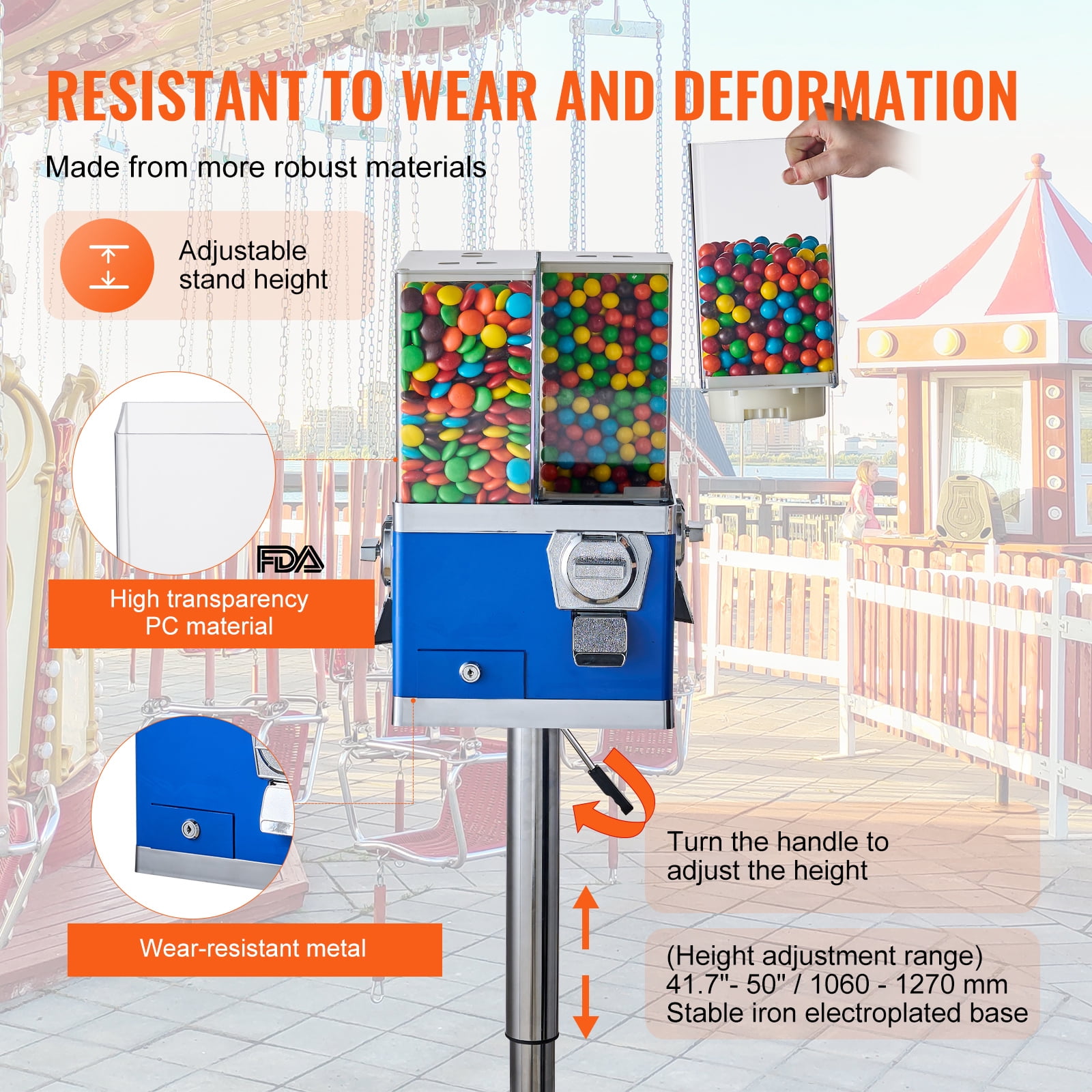 KFFKFF Industrial Candy Machine, Quad Section Swivel Sweet and Gumball Vendor, Modifiable Elevation Coin-Driven Candy Repository with Metal Base