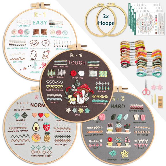 ComfiTime Embroidery Kit for Beginners – 4 Skill-Building Levels for Kids & Adults, Stamped Basic Stitch Patterns, Easy Arts & Crafts with 2 Hoops, Threads/Floss, Needles, Scissors & Instructions