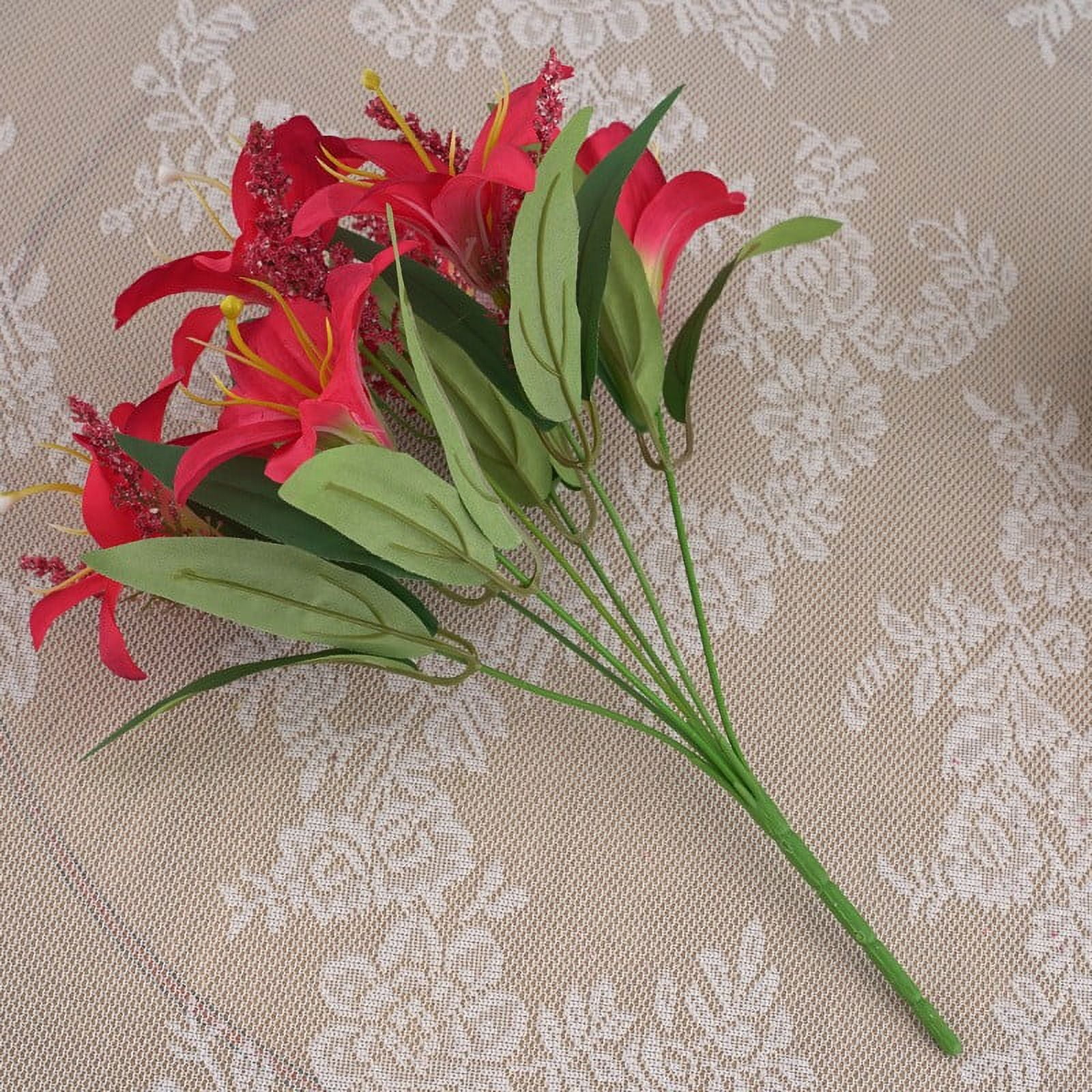 AZXY 7 Heads Artificial Flowers Clearance,Artificial Lilies,Fake Flower Decor,Red Lilies Faux Flower Bouquet for Cemetery Indoor Outdoor Decoration