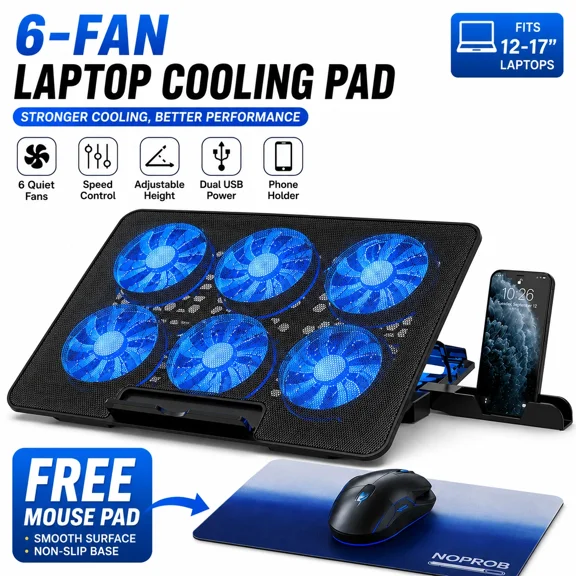 6 Fan Laptop Cooling Pad with Mouse Pad USB Stand Quiet LED Cooler for 12-17"