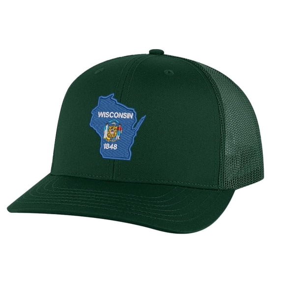 Wisconsin Trucker Hat - Embroidered State Flag Design - Badger State Wisconsin Cap Snapback (AlpineGreen)