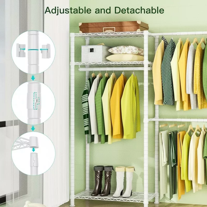 Sailvan 3-Tier Heavy Duty Garment Rack with Wheels, Adjustable Wire Clothes Rack with Double Hanging Rods & Side Hooks, Portable Closet,White