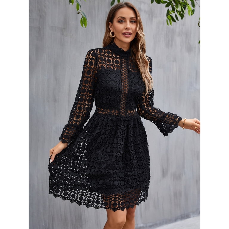 EILLY BAZAR Women's Lace Dresses Mesh Insert Mock Neck Flounce Sleeve Black  XS - Walmart.com