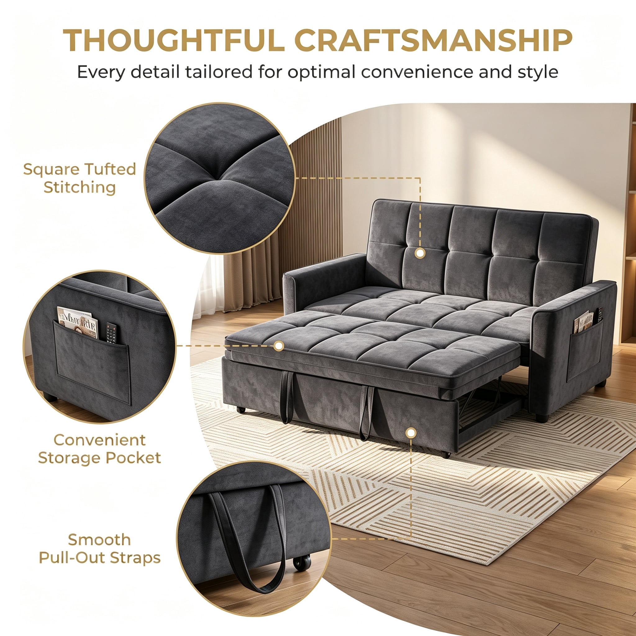 54" Convertible Sleeper Sofa Bed, Modern Velvet 3-in-1 Pull Out Loveseat Couch with 5-Position Backrest & Side Storage Pocket for Living Room, DarkGray