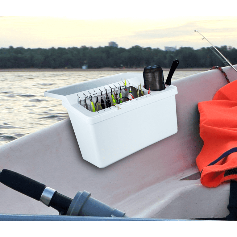 Pactrade Marine Kayak Boat White Storage Bin with 22 Fishing Baits and Lures Slots Gunwale Mounted Tackle Integrated Fillet Table Cutting Board
