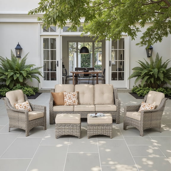 Ovios 5 Pieces Outdoor Furniture Set High Back All-Weather Wicker Patio Conversation Set with Ottomans, Beige