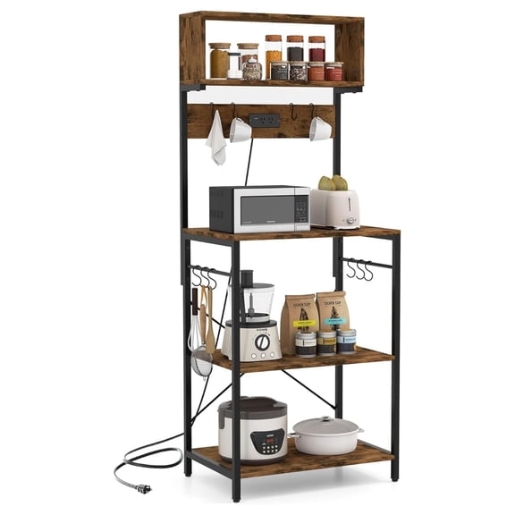 Kitchen Bakers Rack with Power Outlet, 60” Tall Microwave Stand with Open Shelves & 10 Hanging , Multifunctional Coffee Bar Station for Kitchen, Dining Room, Living Room, Rustic Brown