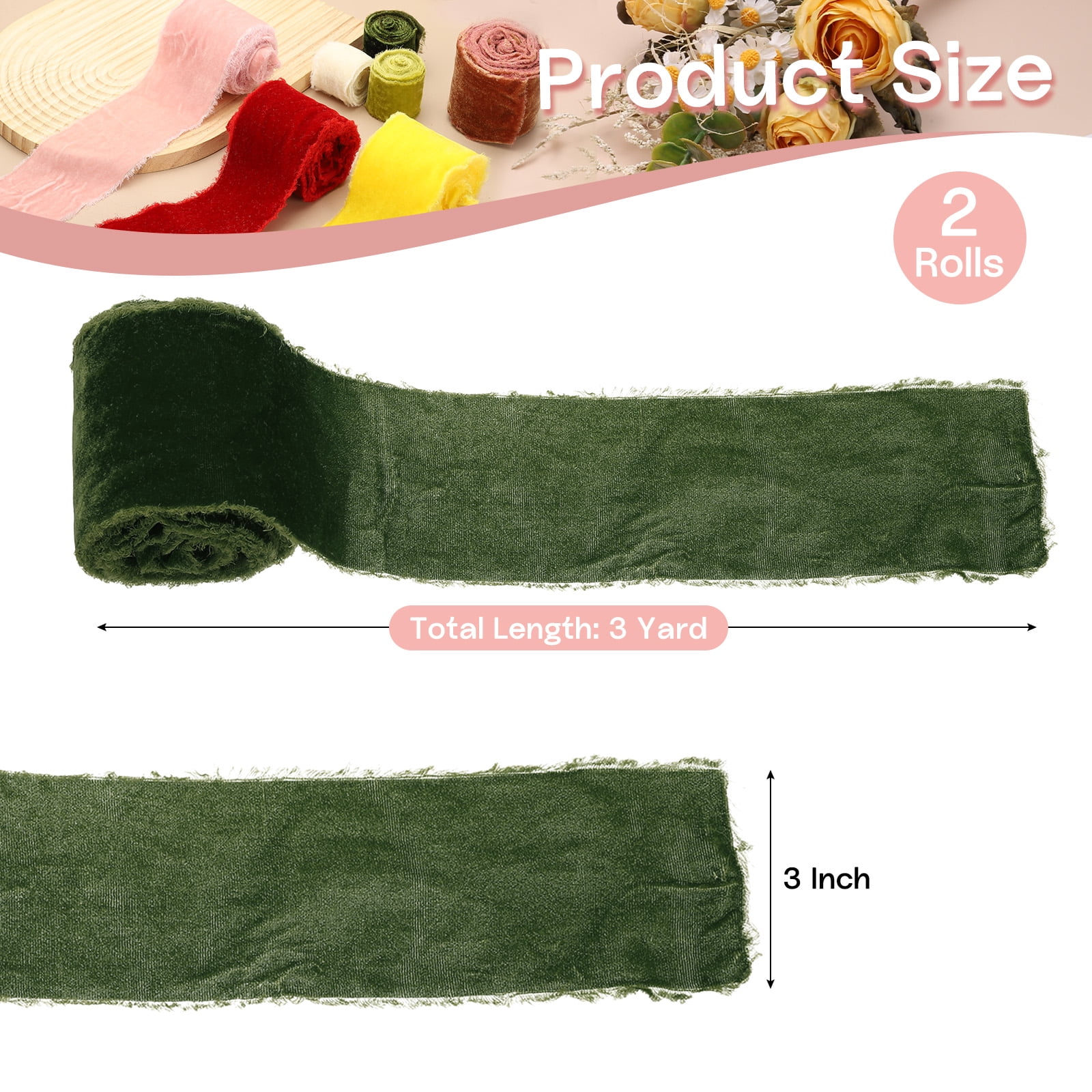 Uxcell 2 Roll Velvet Ribbon, 3 Inch x 3 Yard Handmade Silk Fringe Frayed Ribbon for Wedding Decoration, Dark Green