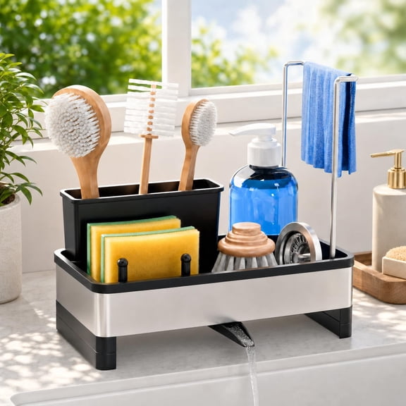 Ibiwe 2-Tier Sink Caddy, Self-Draining Stainless Steel Sponge Holder with Towel Bar, Black
