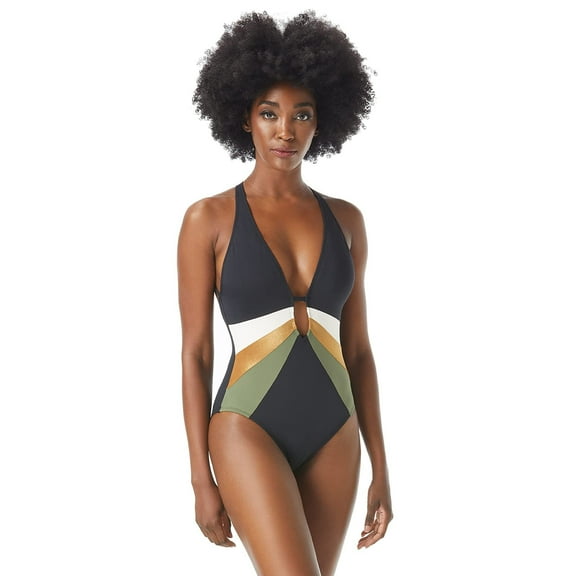 Vince Camuto Gold Shimmer Blocked Punging One-Piece Black 6