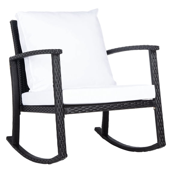 Black Faux Rattan Rocking Chair With White Cushions Outdoor Modern Accent Chair