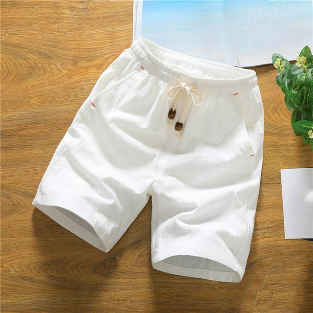 Styesk Mens Shorts Man Solid-Color Casual Pocket Cotton-Linen Drawstring Elastic-Waist Half Shorts Pants