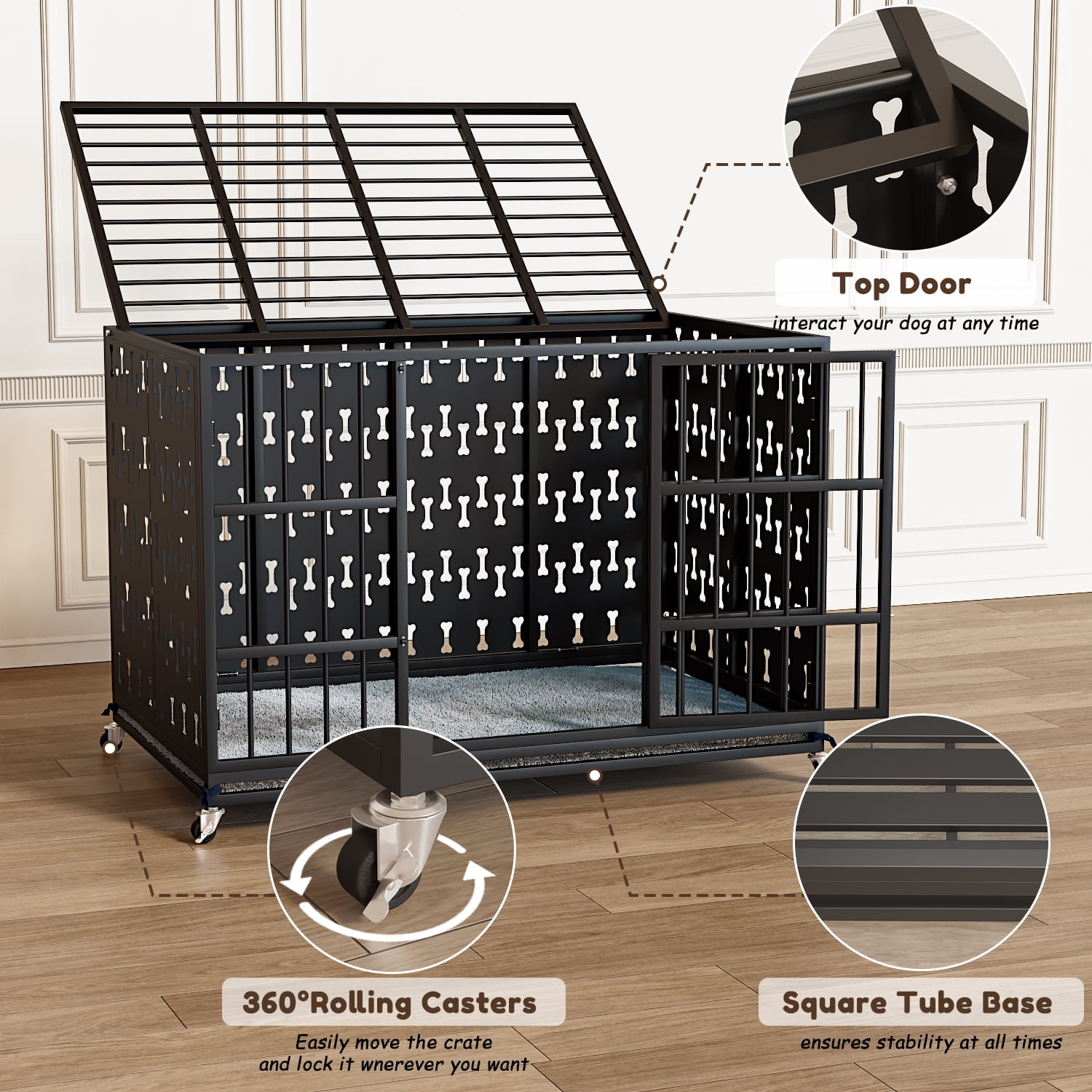 BOSSIN 48 Inch Steel Cushion Dog Crate Heavy Duty Chew Proof Kennel for Large Dogs, XL Metal Cage with Locking Wheels