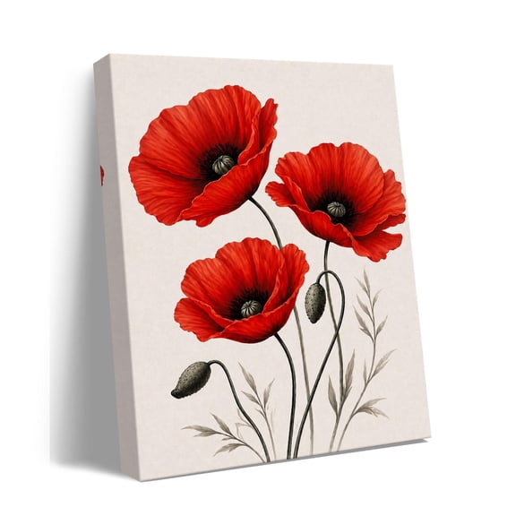 Red Poppy Canvas Wall Art, Floral Botanical Print, Elegant Flower Painting, Modern Farmhouse Bedroom Living Room Decor