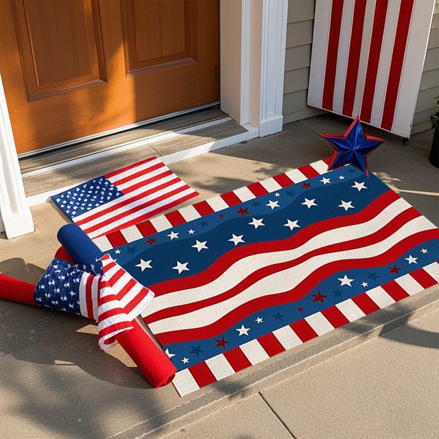 Sentmoon Absorbent Bathroom Floor Mat Patriotic Star Print Doormat, Red White and Blue Crystal Fleece Entrance Mat for Indoor Outdoor Use, Holiday Floor Rug Final Markdowns & Closeout Offers