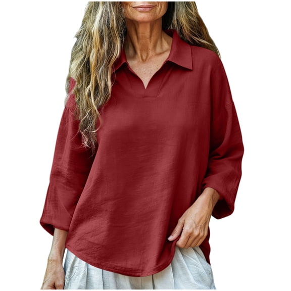 Htigea Women's V-Neck 3/4 Sleeve T Shirts Casual Loose Fit Daily Tees with Collar Solid Color Three-Quarter Sleeves Tops Wine S