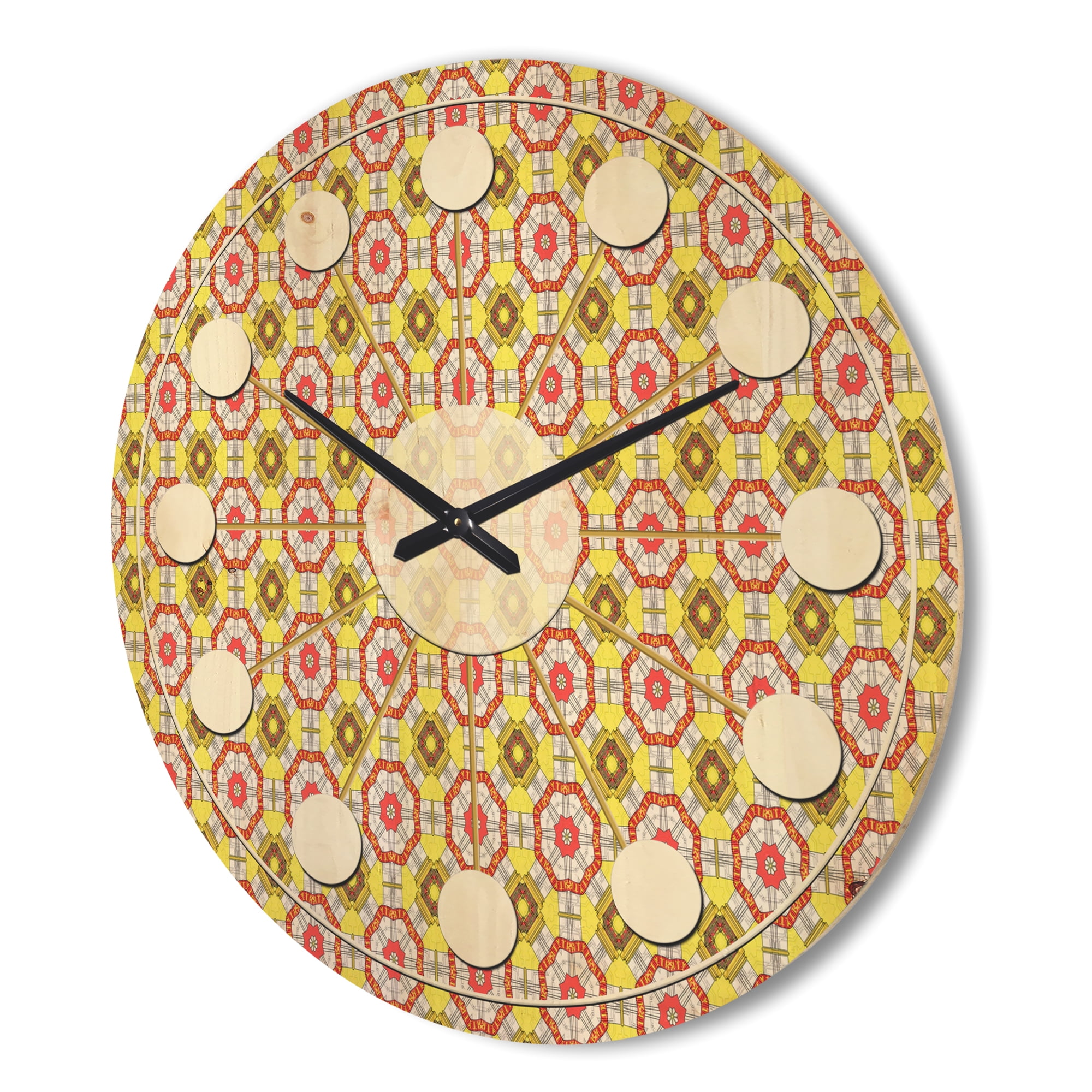 Designart 'Red and Yellow Retro Ethnic Kaleidoscope Design' Mid-Century Modern Wood Wall Clock