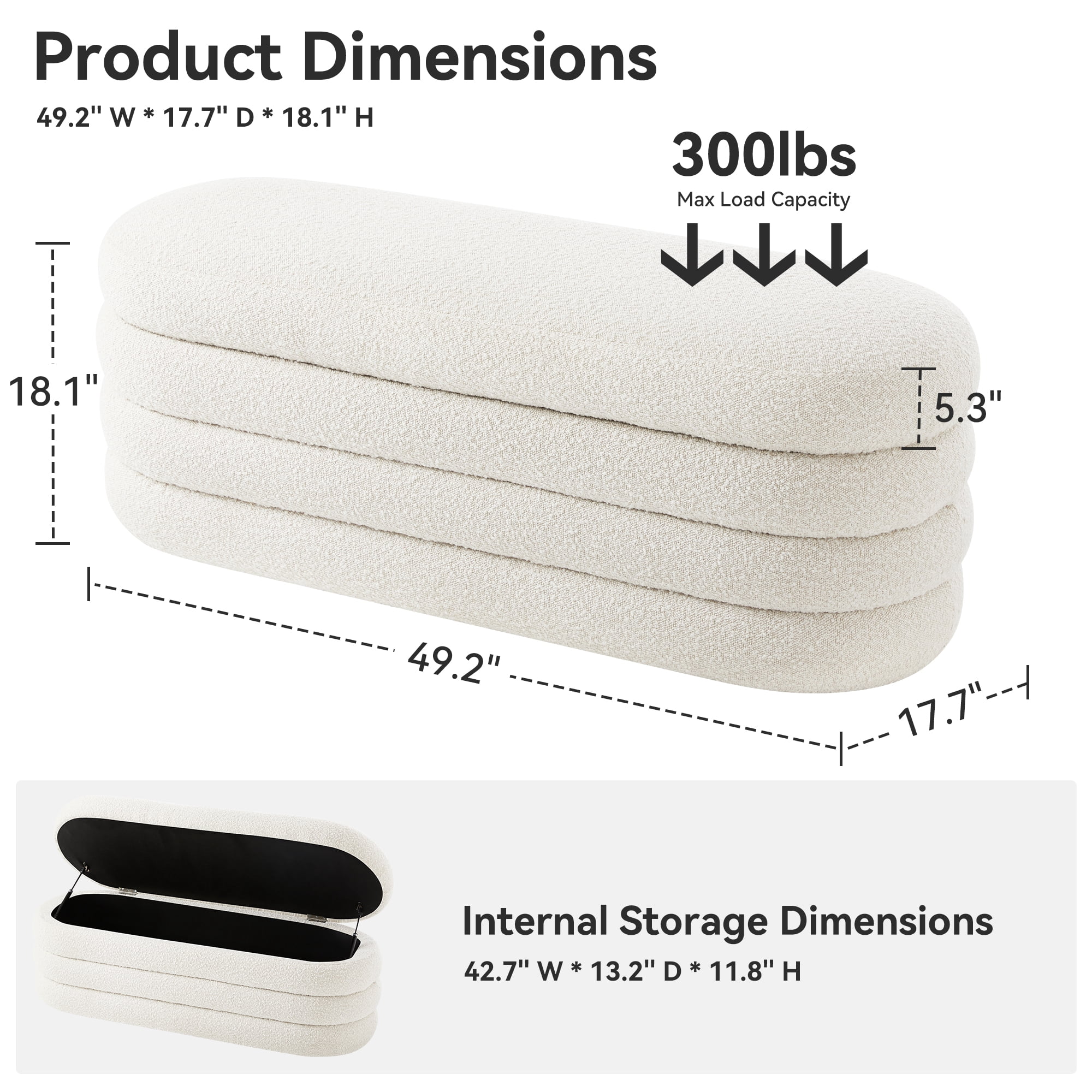 Modern Upholstered Oval Sherpa Storage Ottoman, 49.2", White
