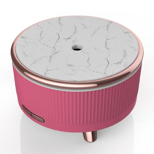 máquina de aromaterapia de escritorio, expansor de aceite esencial - regalos para el día de la madre que ayudan a aliviar el estrés, opción ideal para regalos navideños (rojo), difusor redondo de mesa con tapa imitación mármol blanco, cuerpo rojo acanalado, aro y patas rosadas metálicas, orificio central de salida y botón lateral; también suele usarse como ambientador portátil para oficina o tocador.