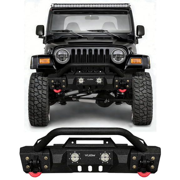 Vijay Compatible with 1997-2006 Jeep Wrangler TJ Front Bumper Textured Black Steel with 4xLights and 2xD-rings