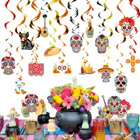 35PCS Funmemoir Day of The Dead Hanging Swirl Decorations, Halloween Sugar Skull Party Hanging Decor for Mexican Birthday Wedding Bachelorette Fiesta Party Halloween Party Supplies