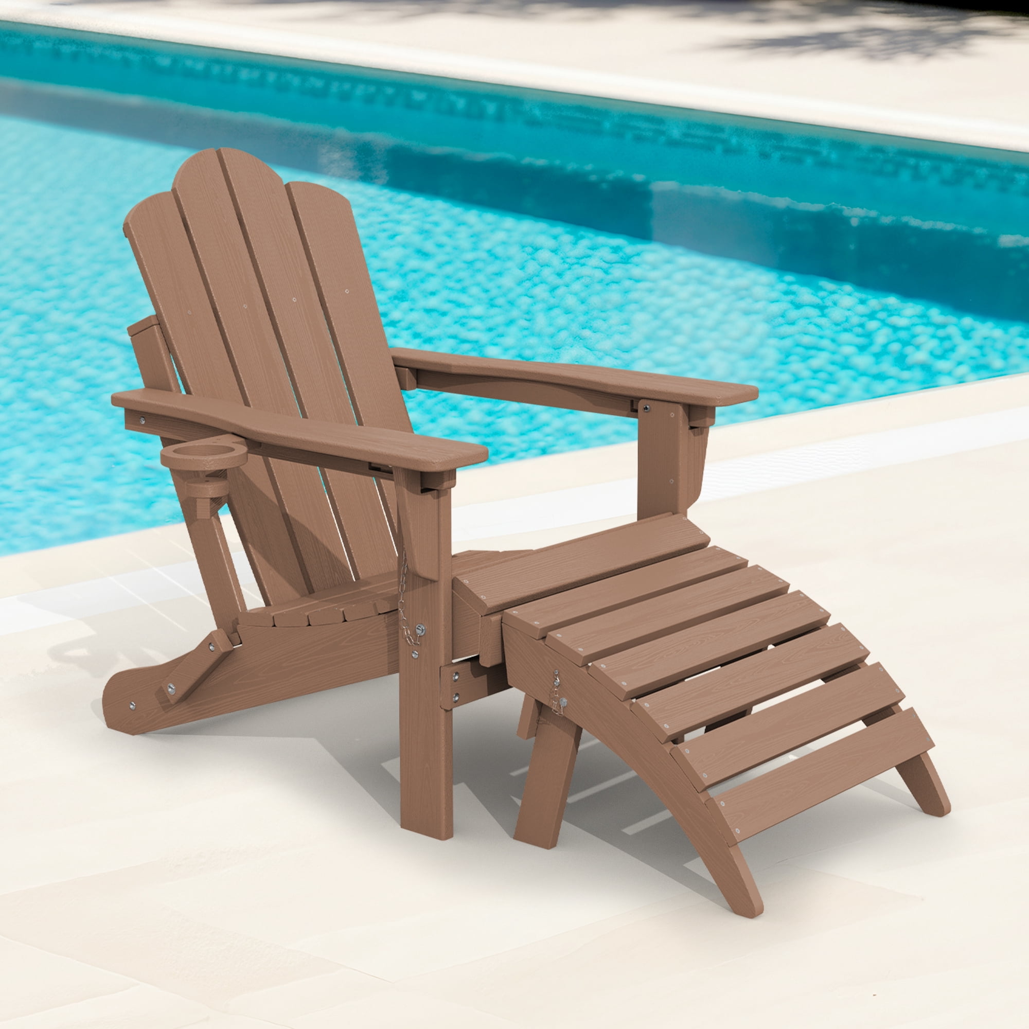 KINGYES Folding Adirondack Ottoman Set of 2, HDPE Outdoor Foot Rest, Plastic Adirondack Footstool for Adirondack Chairs, Brown