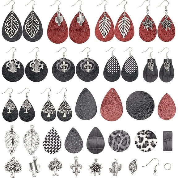 DIY Make 10 Pairs Leather Teardrop Round Dangle Earring Making Starter Kit Leaf Tibetan Style Alloy Tree Plant Pendants Jewellery Making Supplies for Women Beginners