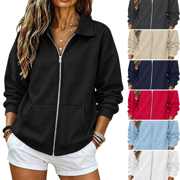 Evdexr Full Zip Up Sweatshirt Women Long Sleeve Collared No Hood Jacket Oversized Loose Casual 2026 Fall Winter Sweaters with Pockets Black L