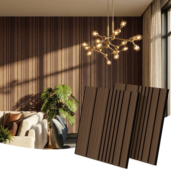 Fahomiss 4-Pack Soundproof Wall Panel Set, Modern 23.6" x 23.6" Striped Pattern Wall Tiles, Wood Slat Acoustic 3D Wall Decorative Panels for Interior Wall Decor, Ceiling, Walnut