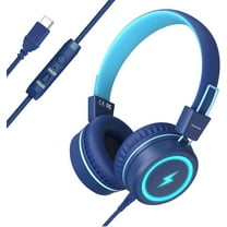 Kids Headphones with LED Lights for School, Upgrade USB Type C Kid Headphone with Microphone, Volume Limiter 85/94dB, Wired On Ear Headphones for Boys/Girls/Tablet/Travel -Blue
