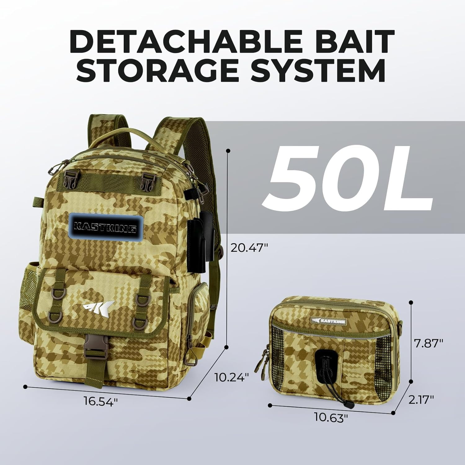 KastKing Fishing Tackle Backpack with Removable Bait Binder Rod Holders Storage Fishing Gear- BaitSpace-50L