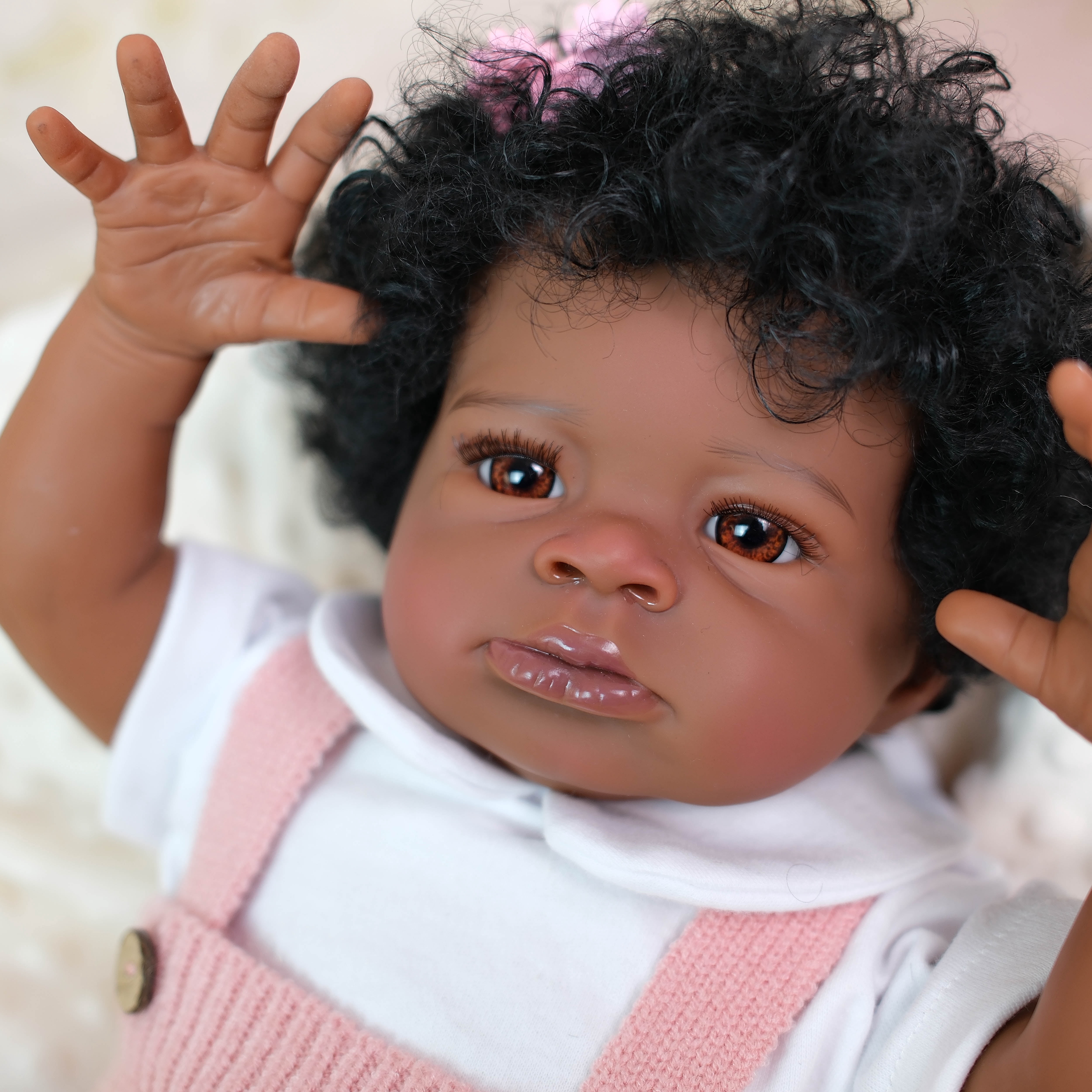 iCradle Black Skin Reborn Baby Dolls 19 Inch 48 cm Baby Soft Cloth Body Realistic Newborn Baby Dolls Hand Implanted Hair Brown Eyes  Real Life Baby Dolls Cloth Body Doll Toy Gift for Kids Age 3+