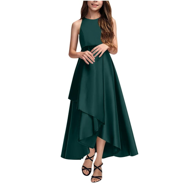 Bwiyojiz Tailles Mode 110-160 Robe de Performance Confortable Unie pour Filles Sans Manches à Col Rond Jupe Longue pour Enfants, Brun